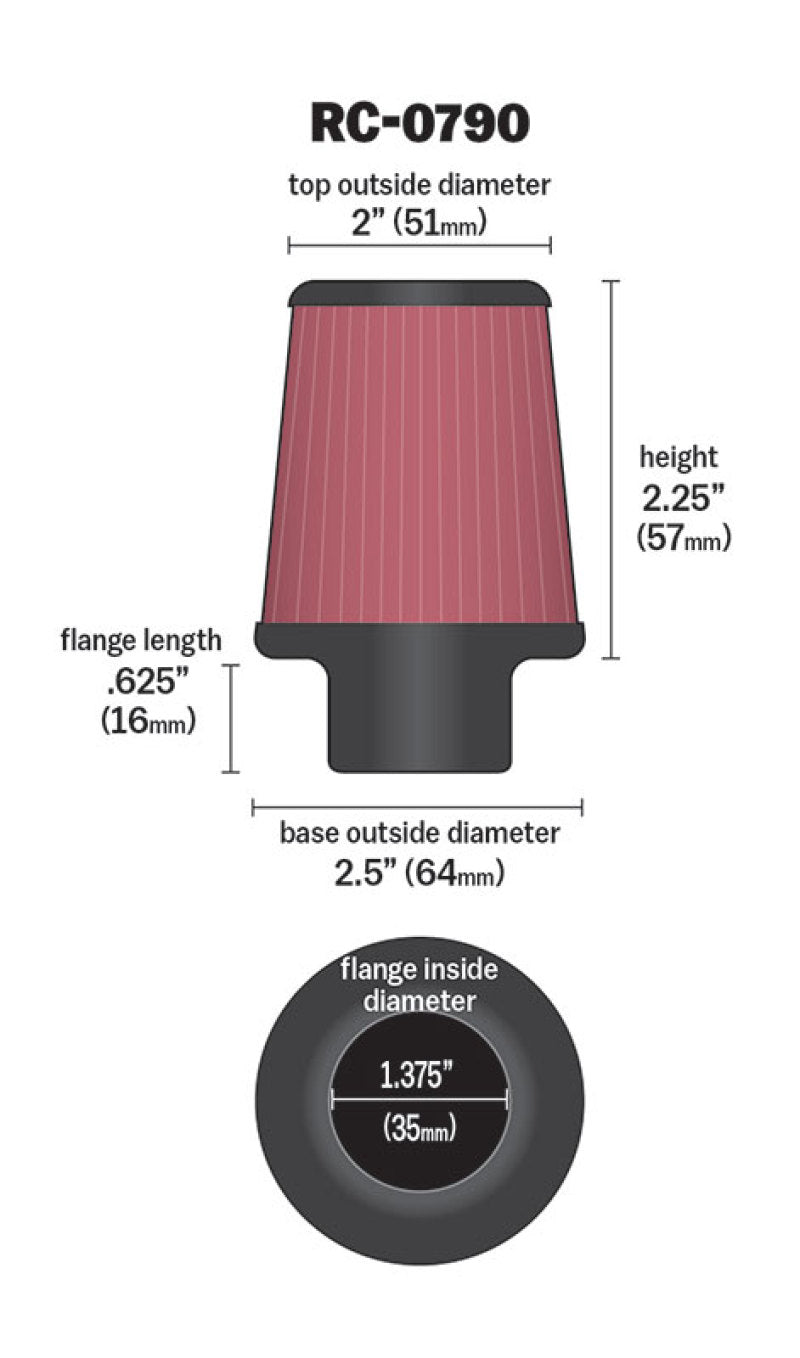 K&N Universal Chrome Filter 1 3/8 inch FLG / 2 1/2 inch Base / 2 inch Top / 2 1/4 inch Height - RC-0790