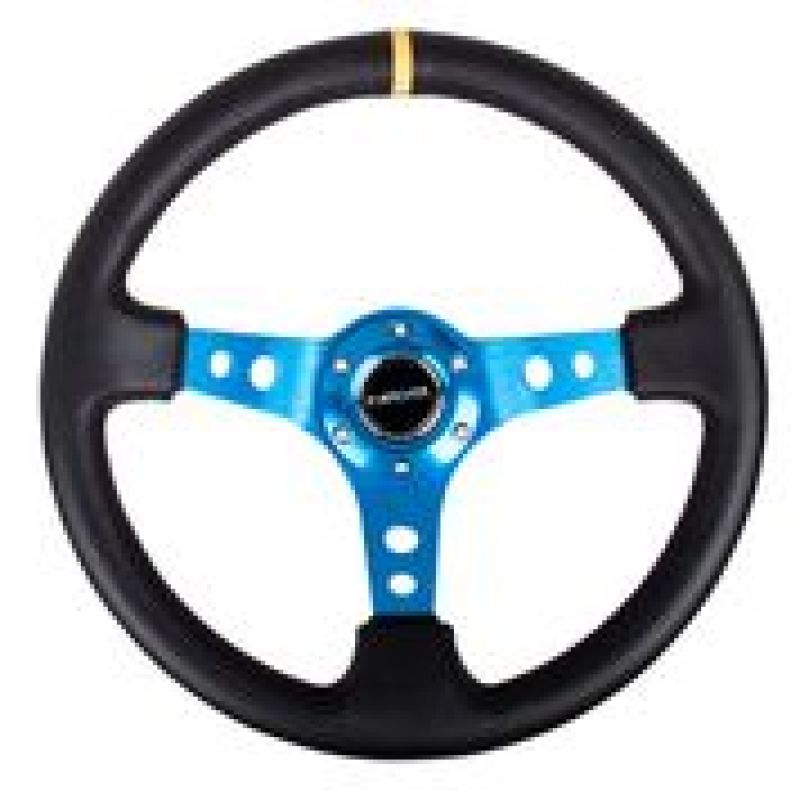 NRG Reinforced Steering Wheel (350mm / 3in. Deep) Blk Leather w/Blue Cutout Spoke & Single Yellow CM - RST-006BL-Y