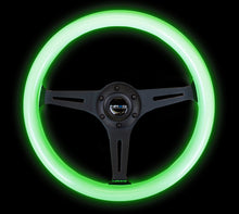 Load image into Gallery viewer, NRG Classic Wood Grain Steering Wheel (350mm) Glow-N-The-Dark Green Grip w/Black 3-Spoke Center - ST-015BK-GL