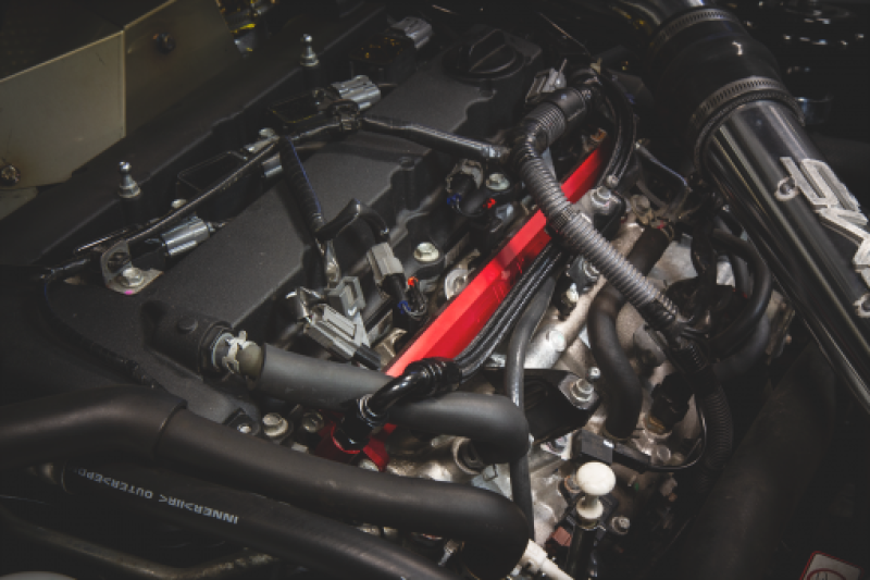 AMS Performance 08-15 Mitsubishi EVO X CNC Machined Aluminum Fuel Rail w/Pulsation Dampener - Red - AMS.04.07.0006-1