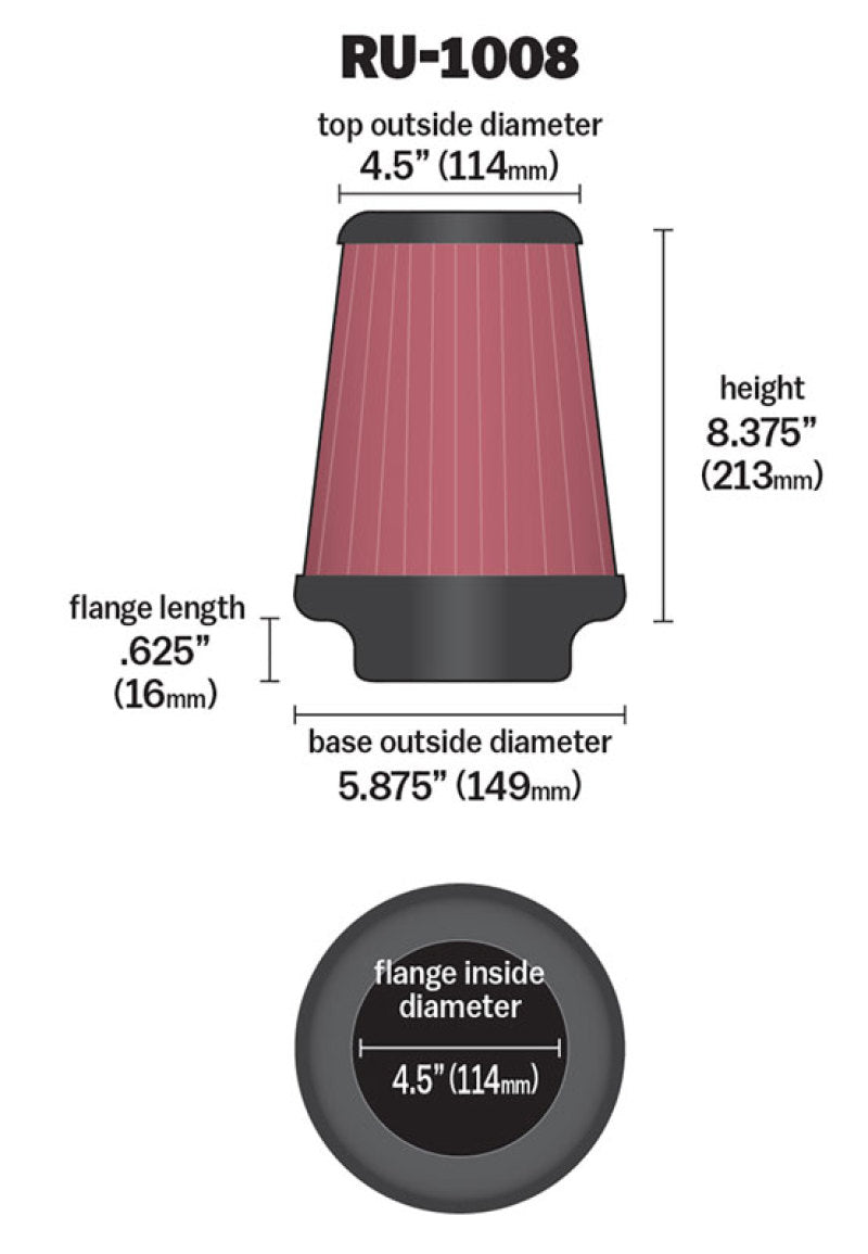 K&N Universal Clamp-On Air Filter 4-1/2in FLG / 5-7/8in B / 4-1/2in T / 8-3/8in H - RU-1008