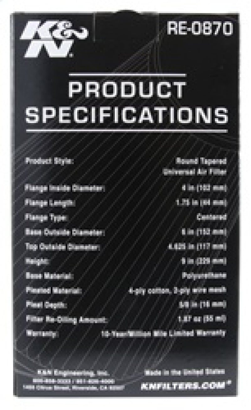 K&N Universal Rubber Filter 4inch FLG / 6inch OD-B / 4-5/8inch OD-T / 9inch H - RE-0870