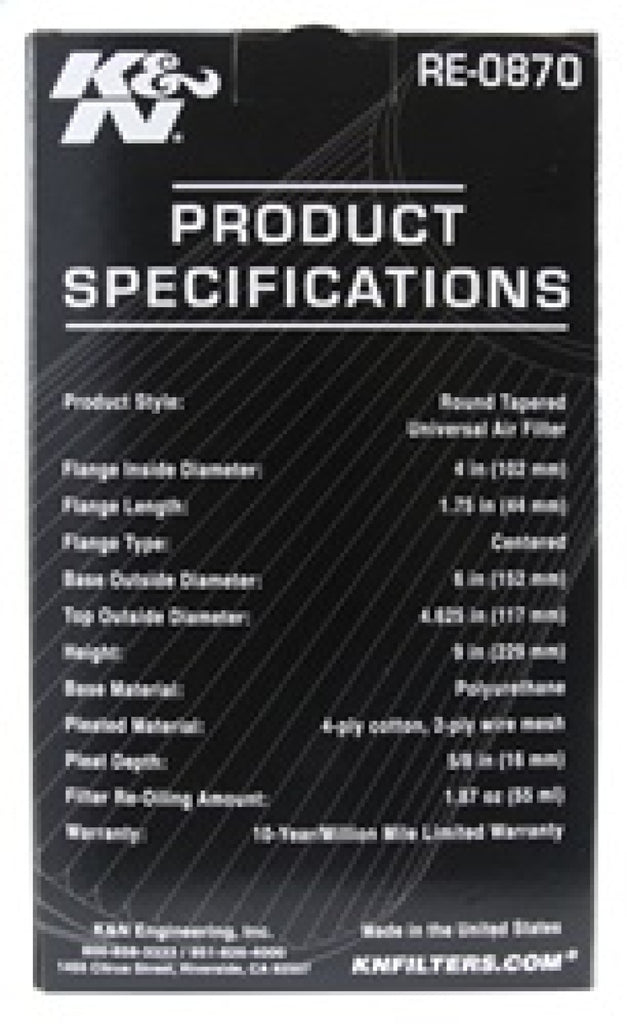 K&N Universal Rubber Filter 4inch FLG / 6inch OD-B / 4-5/8inch OD-T / 9inch H - RE-0870