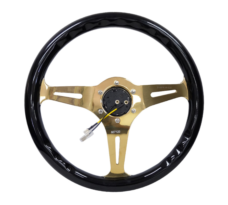 NRG Classic Wood Grain Steering Wheel (350mm) Black Grip w/Chrome Gold 3-Spoke Center - ST-015CG-BK