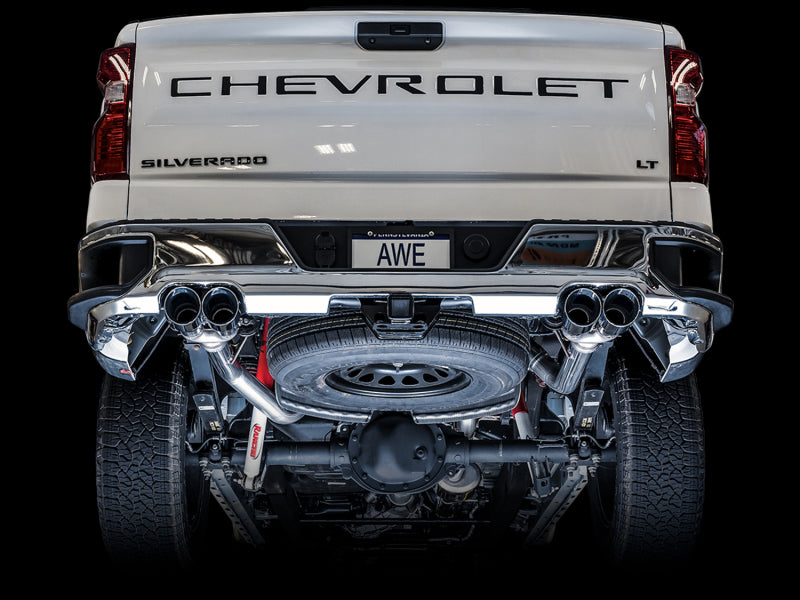 AWE Tuning 4th Gen GM 1500 5.3L 0FG Cat-Back Split Rear Exit (w/ Bumper Cutouts) - Quad Chrome Tips - 3015-42201