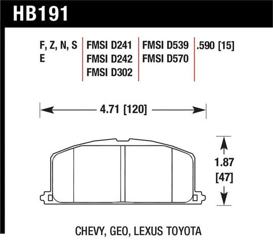 Hawk 86-88 Chevy Nova / 90-92 Geo Prizm GSI / 90-92 Prizm LSI / Toyota (Various) Race Front Brake Pa - HB191E.590