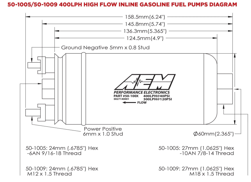 AEM 400LPH High Pressure Fuel Pump -6AN Female Out, -10AN Female In - 50-1005