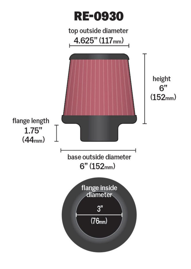 K&N Universal Rubber Filter - Round Tapered 6in Base OD x 3in Flange ID x 6in H - RE-0930