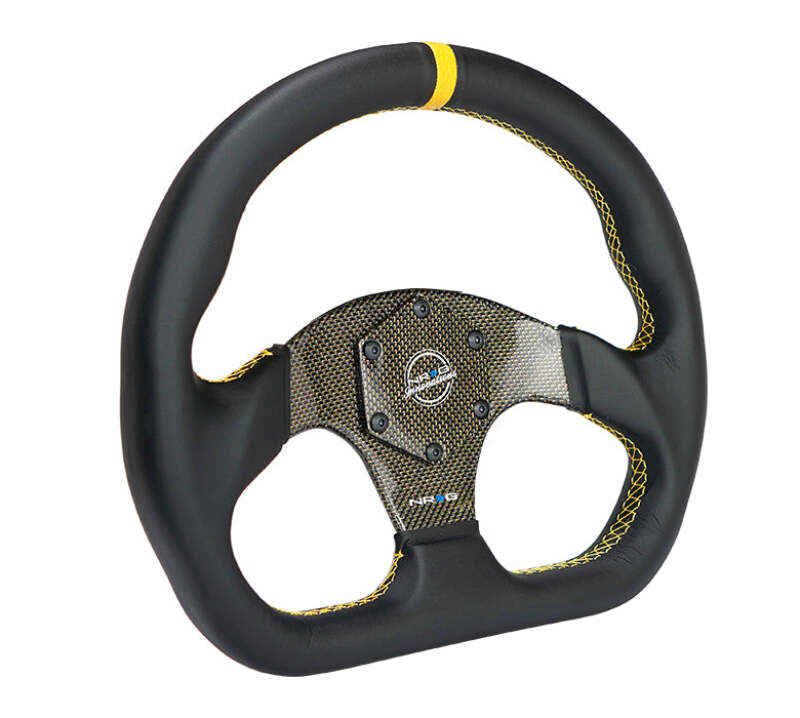 NRG Carbon Fiber Flat Bottom Steering Wheel (320mm) Yellow CF Center w/Yellow Stitch/Yellow Mark - RST-024CF/GD