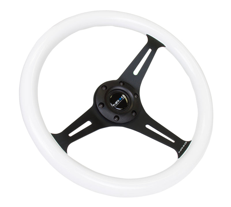 NRG Classic Wood Grain Steering Wheel (350mm) Glow-N-The-Dark Green Grip w/Black 3-Spoke Center - ST-015BK-GL