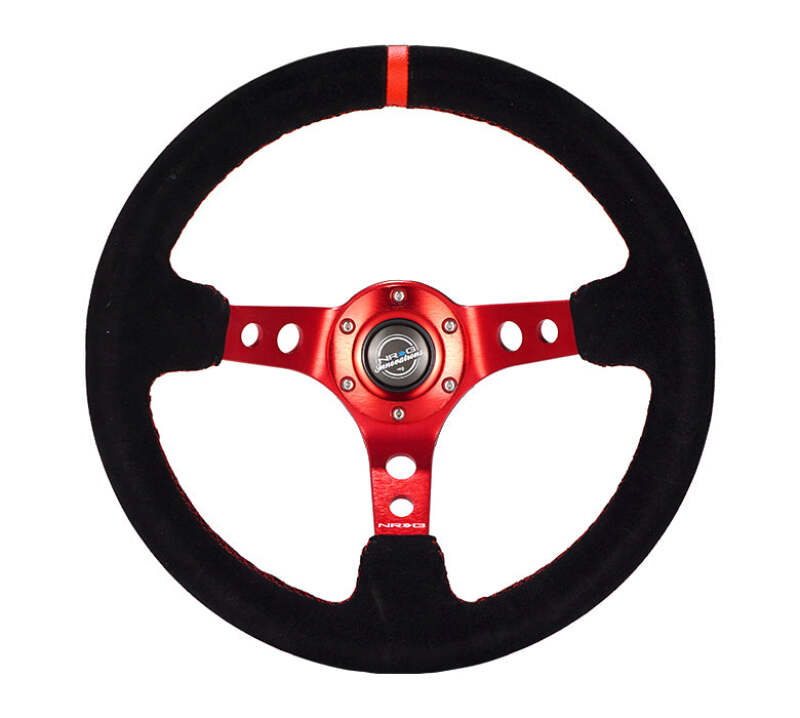 NRG Reinforced Steering Wheel (350mm / 3in. Deep) Blk Leather/Red Stitch w/Red Spoke - RST-006S-RD