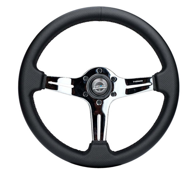 NRG Light Weight Gaming Steering Wheel - 350mm 3 Chrome Silver Spokes Perforated Leather - ST-018CH-PR