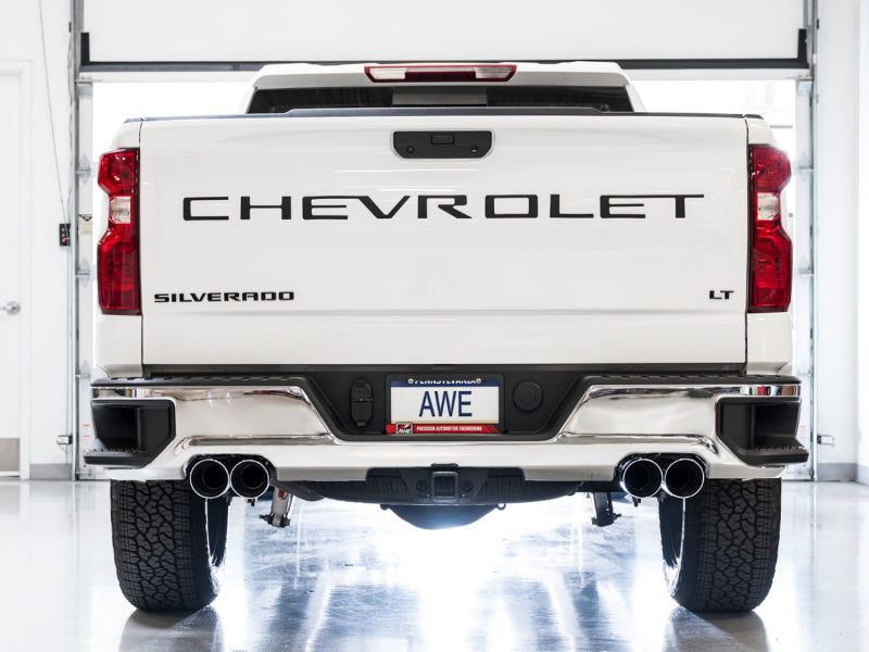 AWE Tuning 4th Gen GM 1500 6.2L 0FG Cat-Back Split Rear Exit (w/ Bumper Cutouts) - Quad Chrome Tips - 3015-42203