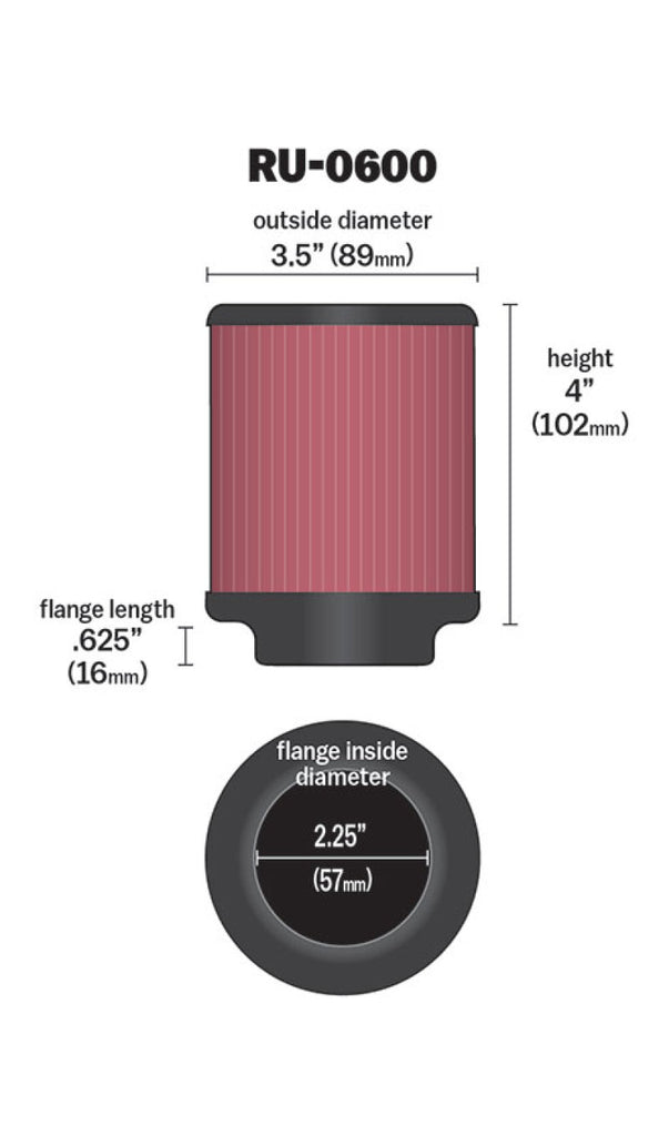 K&N Filter Universal Rubber Filter 2 1/4 inch Flange 3 1/2 inch OD 4 inch Height - RU-0600