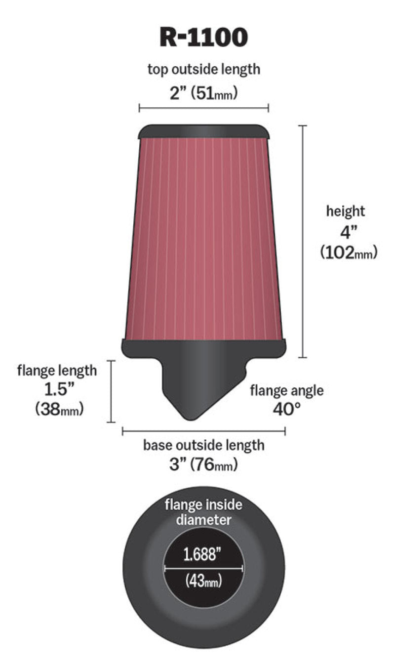 K&N Universal Rubber Filter Round Tapered 3in Base OD x 2in Top OD x 4in H - 73-78 Honda ATC90 - R-1100