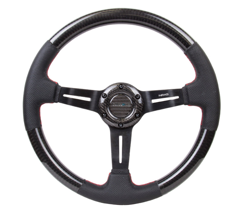 NRG Carbon Fiber Steering Wheel (350mm /1.5in. Deep) Leather Trim w/Red Stitch & Slit Cutout Spokes - ST-010CFRS