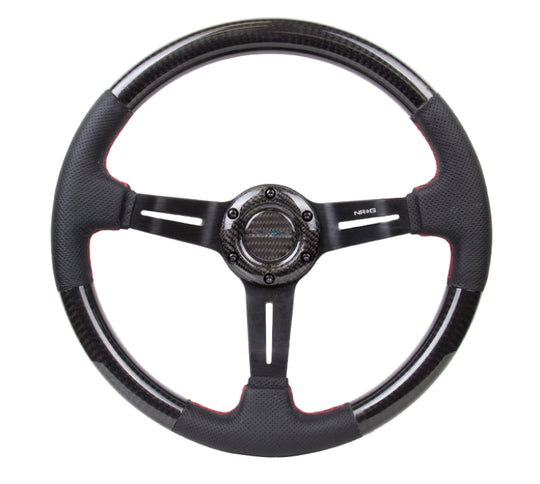 NRG Carbon Fiber Steering Wheel (350mm /1.5in. Deep) Leather Trim w/Red Stitch & Slit Cutout Spokes - ST-010CFRS