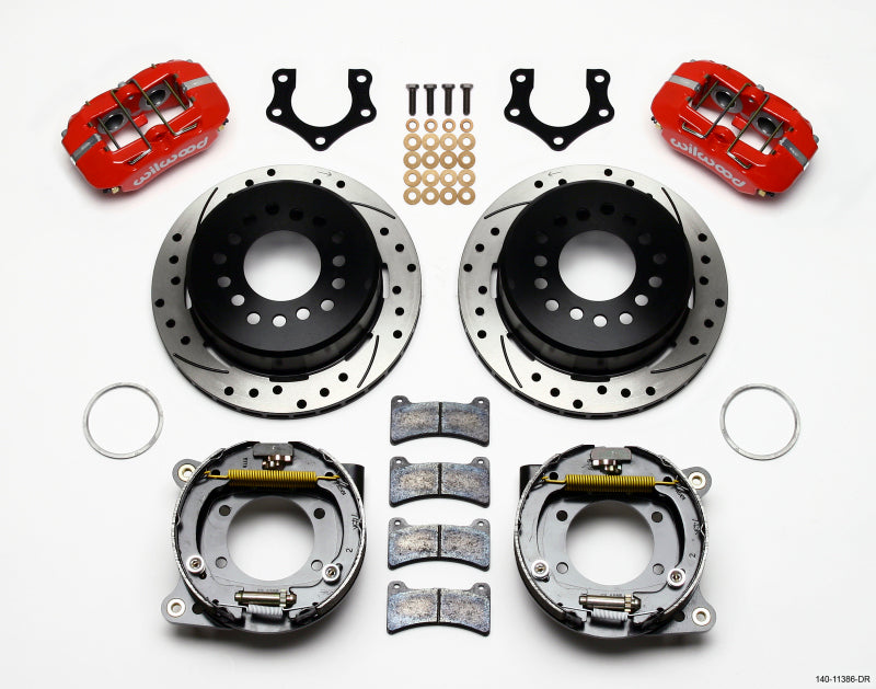 Wilwood Dynapro Low-Profile 11.00in P-Brake Kit Drill-Red Mopar/Dana 2.50in Off w/Snap Ring Bearing - 140-11386-DR