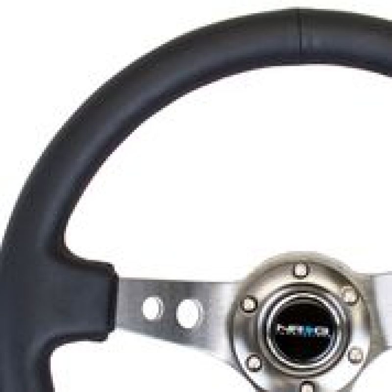 NRG Reinforced Steering Wheel (350mm / 3in. Deep) Blk Leather w/Gunmetal Circle Cutout Spokes - RST-006GM