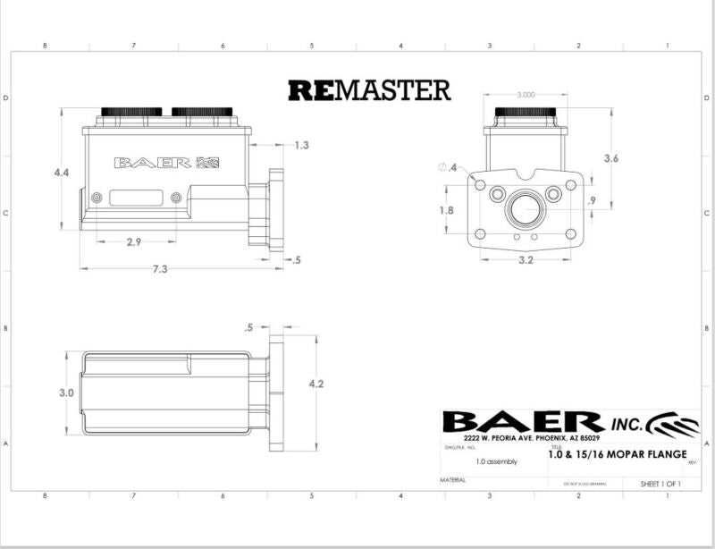 Baer Brakes Mopar 1in Bore Remaster 4-Bolt Right Port Master Cylinder Assembly - Black - 6801301RP