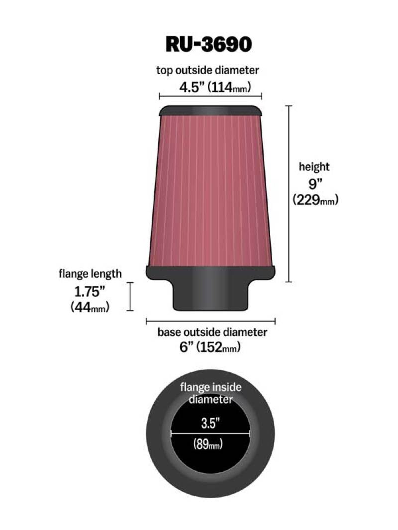 K&N Universal Clamp-On Air Filter 3-1/2in FLG / 6in B / 4-1/2in T / 9in H - RU-3690