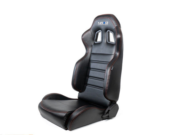 NRG Reclinable Racing Seats (Pair) Black Leather w/NRG Logo Red Stitch - RSC-208-1L/R
