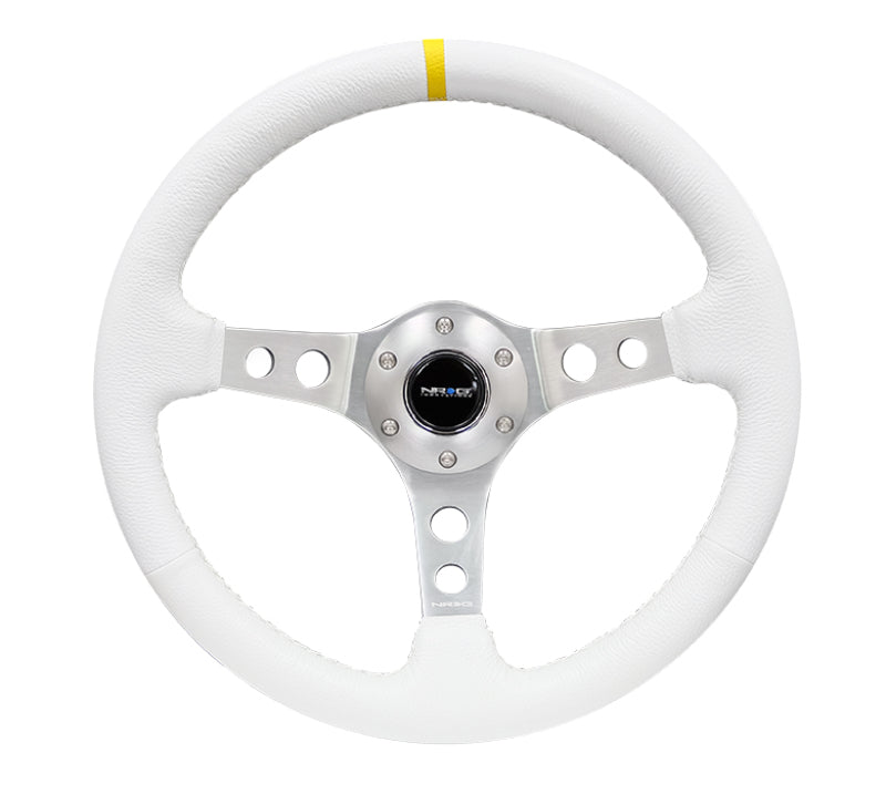 NRG Reinforced Steering Wheel (350mm / 3in. Deep) White Leather w/Silver Spoke & Single Yellow Mark - RST-006WT-Y