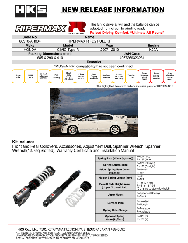 HKS Hipermax R FD2 Full Kit - 80310-AH004