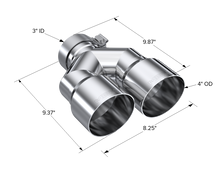 Load image into Gallery viewer, MBRP 3in ID / Dual 4in OD Out Staggered L 9.37in / R 9.87in Single Wall T304 SS Univ Exhaust Tip - T5183