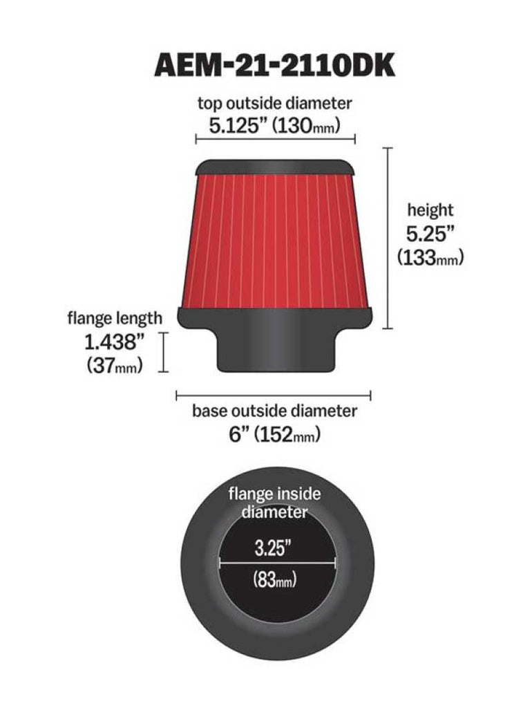 AEM 3.25 in DRY Flow Short Neck 5 in Element Filter - 21-2110DK