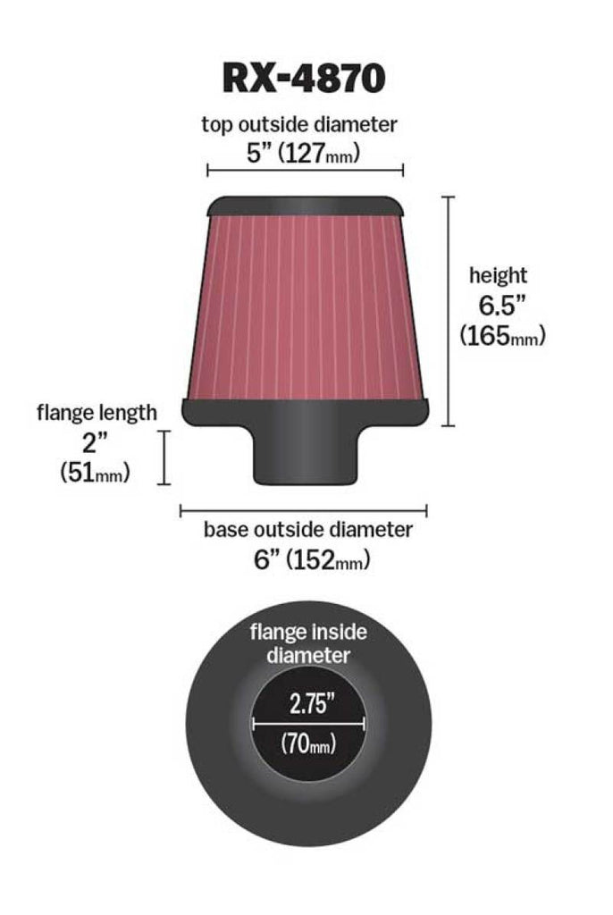 K&N Filter Universal X Stream Clamp-On 2 3/4 inch Flange 6 inch Base  5 inch Top 6 1/2 inch Height - RX-4870