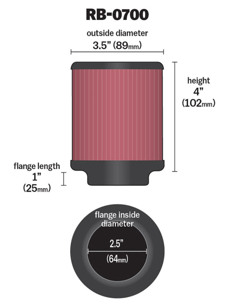 K&N Universal Rubber Filter 2.5 inch 5 Degree FLG 3.5 inch OD 4 inch Height - RB-0700