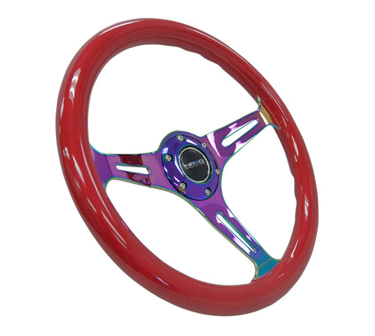 NRG Classic Wood Grain Steering Wheel (350mm) Red Grip w/Neochrome 3-Spoke Center - ST-015MC-RD
