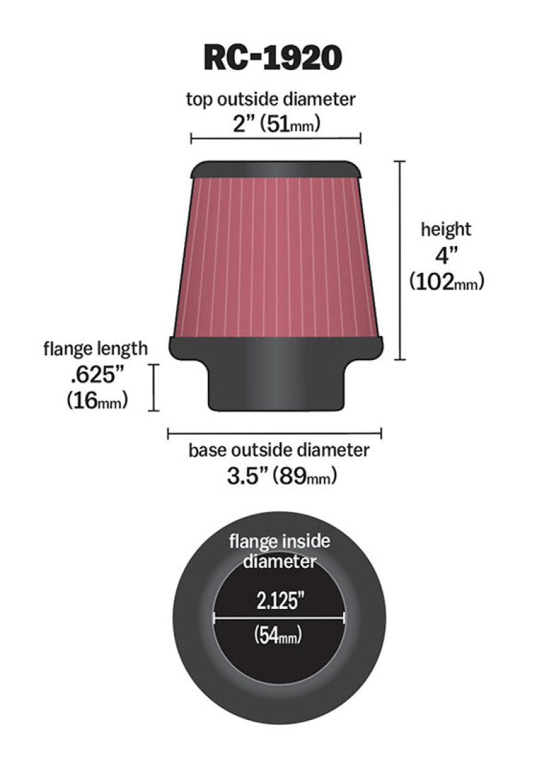 K&N Universal Clamp-On Air Filter 2-1/8in Flange 3-1/2in Base 2in Top 4in Height - RC-1920