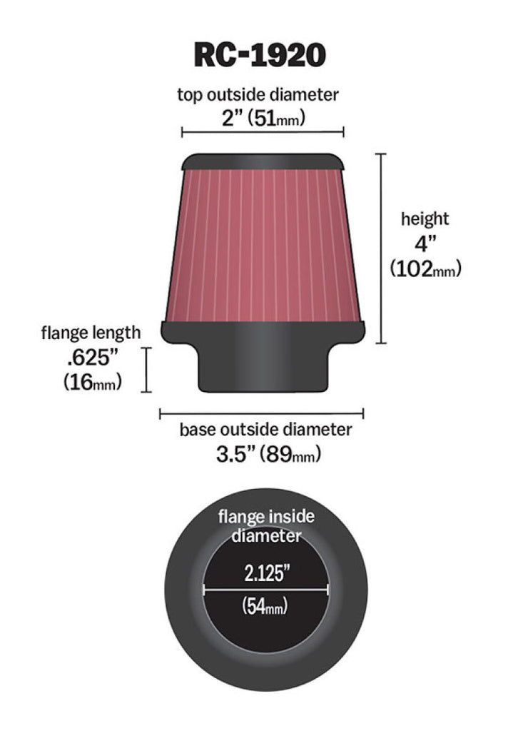 K&N Universal Clamp-On Air Filter 2-1/8in Flange 3-1/2in Base 2in Top 4in Height - RC-1920