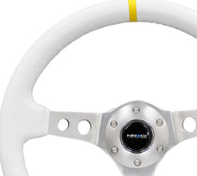 Load image into Gallery viewer, NRG Reinforced Steering Wheel (350mm / 3in. Deep) White Leather w/Silver Spoke &amp; Single Yellow Mark - RST-006WT-Y