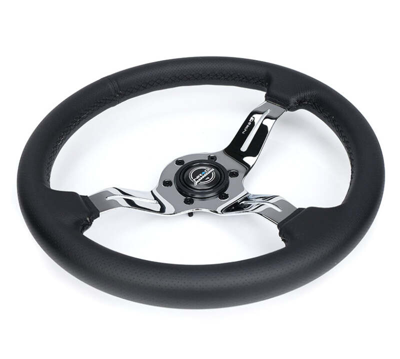 NRG Light Weight Gaming Steering Wheel - Splitz Chrome Silver Spokes Perforated Leather - ST-010CH-PR