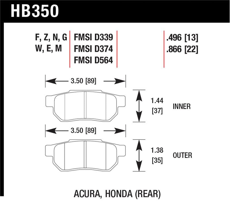 Hawk 90-01 Acura Integra (excl Type R) / 98-00 Civic Coupe Si DTC-60 Race Rear Brake Pads - HB350G.496