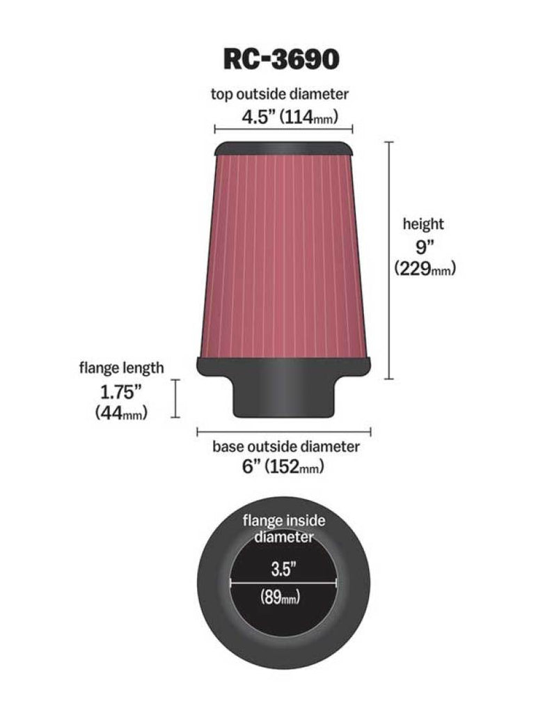 K&N Universal Chrome Filter 3 1/2 inch ID FLG / 6 inch Bottom / 4 1/2 inch CR / 9 inch Length - RC-3690