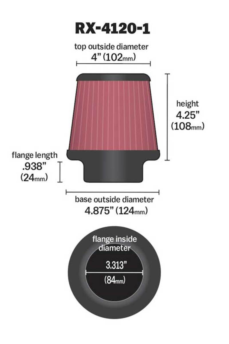K&N Universal X-Stream Clamp-On Air Filter 3.313in Flg ID/4.875in Base OD/4in Top OD/4.25in H - RX-4120-1