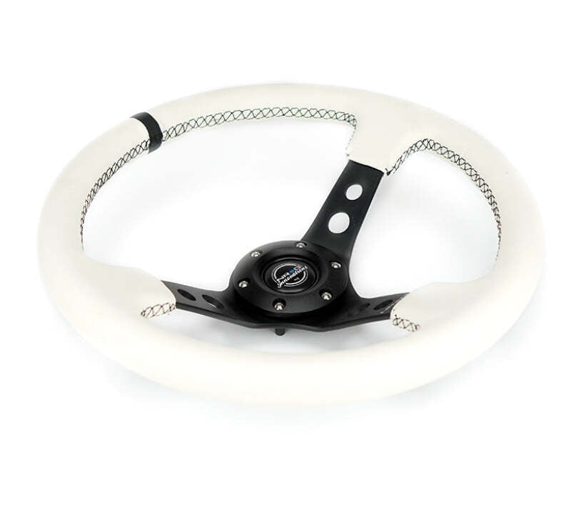 NRG Reinforced Steering Wheel (350mm/3in. Deep) White Leather w/Blk Spoke/Round Holes/White Stripes - RST-006BK-WT-B