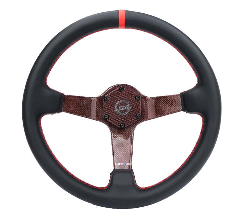 NRG Carbon Fiber Steering Wheel 350mm 3in Deep Red Carbon Fiber Red Stiching Red Center Mark Leather - RST-036CF-RD