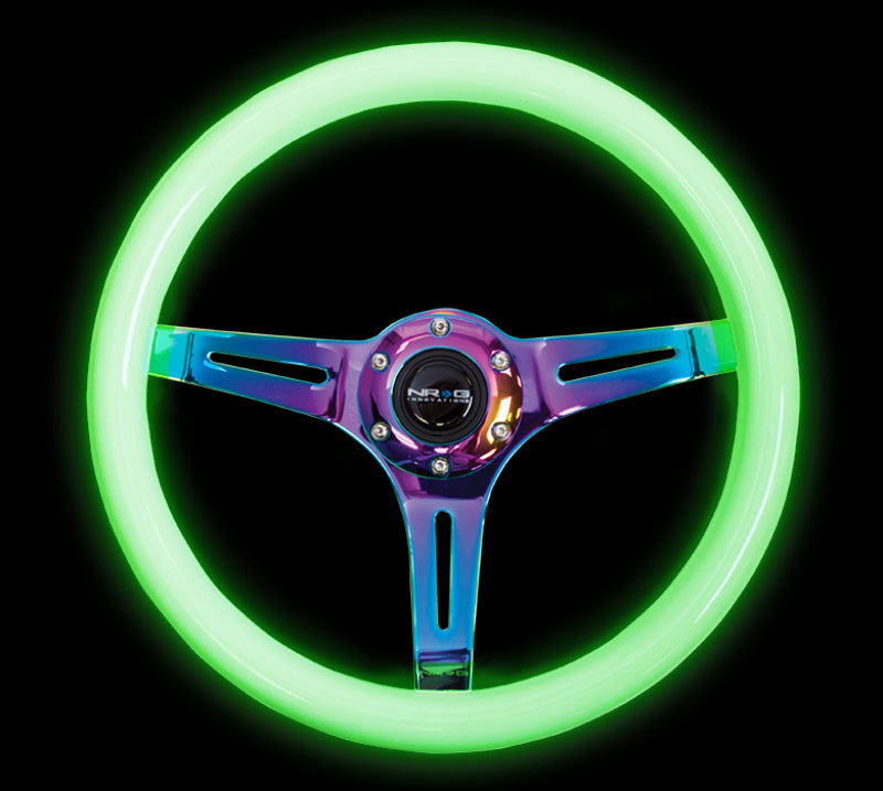 NRG Classic Wood Grain Steering Wheel (350mm) Glow-N-The-Dark Green Grip w/Neochrome 3-Spoke Center - ST-015MC-GL