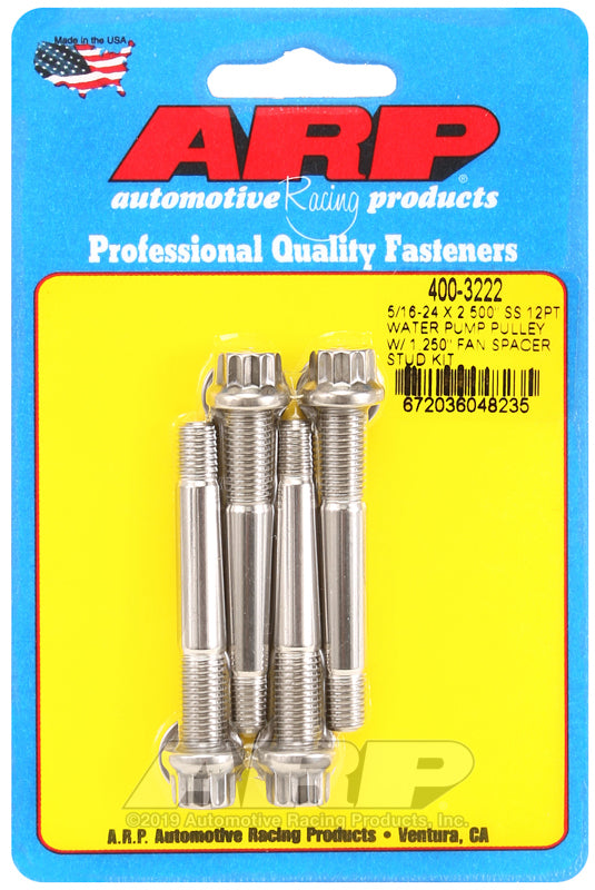 ARP 5/16-24 X 2.500 SS 12pt water pump pulley w/ 1.250in fan spacer stud kit - 400-3222