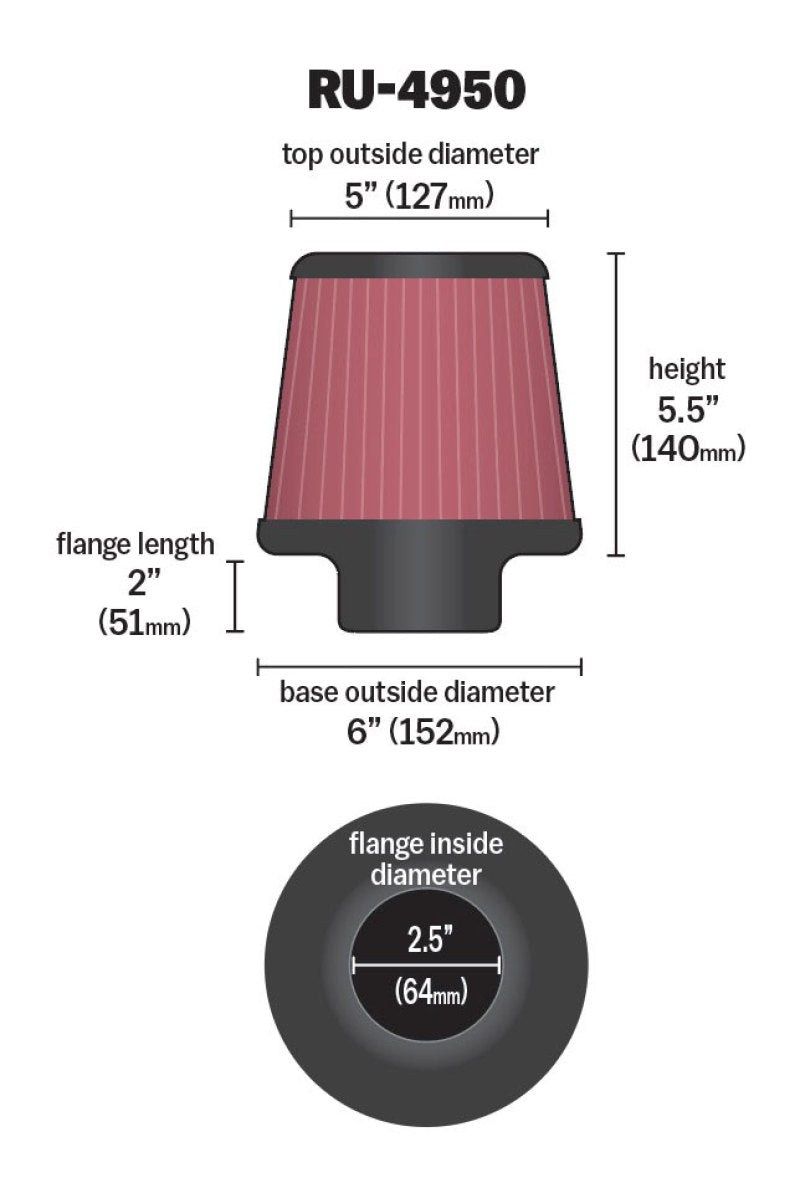 K&N Filter Universal Rubber Filter 2 1/2 inch Flange 6 inch Base 5 inch Top 5 1/2 inch Height - RU-4950