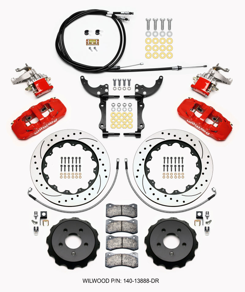 Wilwood AERO4 / MC4 Rear Kit 14.00 Drilled Red 15-23 Mustang w/Lines & Cables - 140-13888-DR
