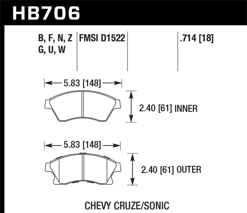 Hawk 11-12 Chevy Cruze Eco/LS/1LT/2LT/LTZ / 12 Sonic LS/LT/LTZ DTC-60 Front Race Brake Pads - HB706G.714