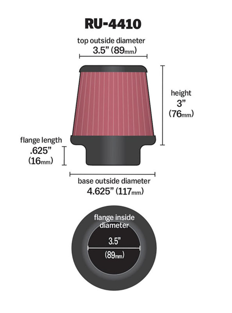 K&N Filter Universal Rubber Filter 3 1/2 inch Flange 4 5/8 inch Base 3 1/2 inch Top 3 inch Height - RU-4410