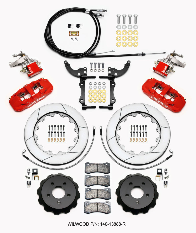 Wilwood AERO4 / MC4 Rear Kit 14.00 Red 15-23 Mustang w/Lines & Cables - 140-13888-R