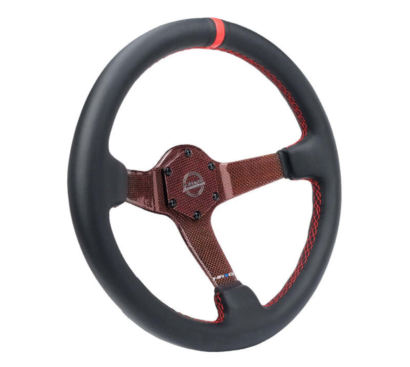 NRG Carbon Fiber Steering Wheel 350mm 3in Deep Red Carbon Fiber Red Stiching Red Center Mark Leather - RST-036CF-RD